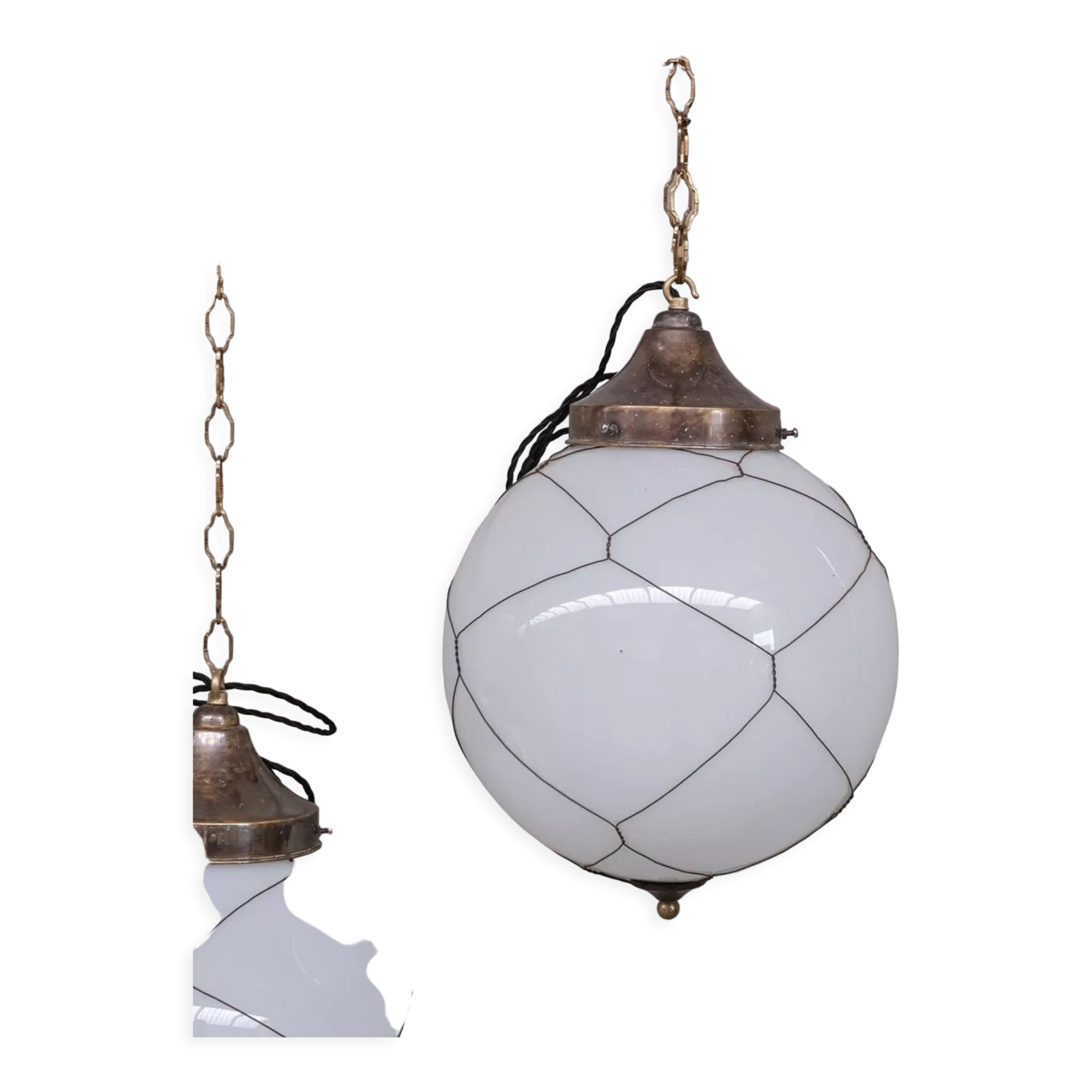 Opaline and brass mid-century caged pendant