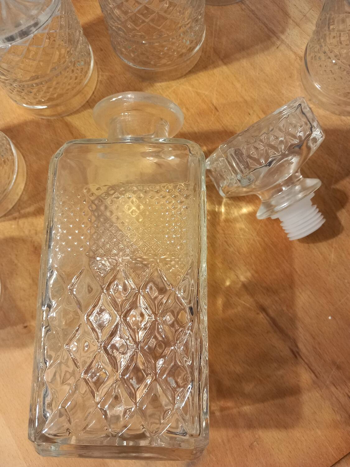 Whiskey service in glass carafe and 6 glasses