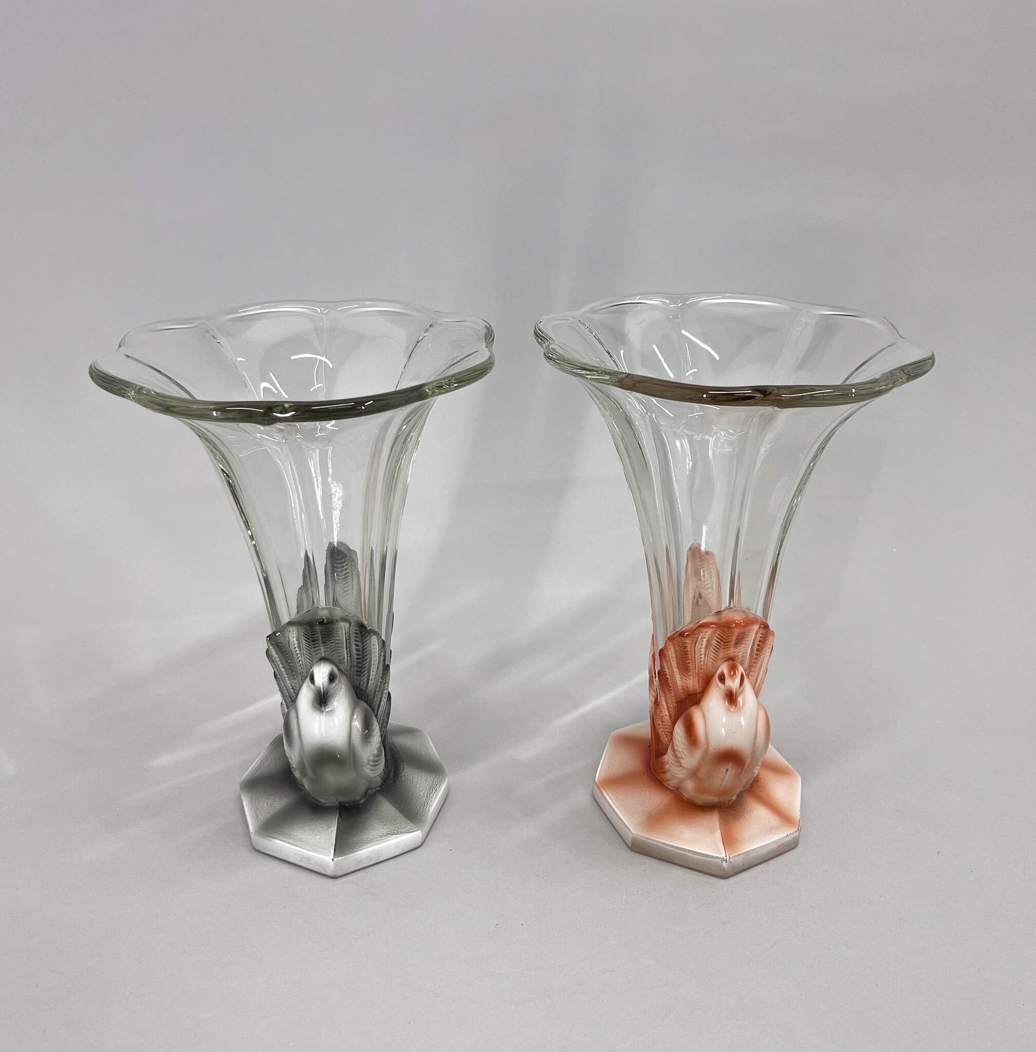Set of Two Art Deco Dove Birds Glass Vases by Josef Feigl for Libochovice Glassworks, 1930s