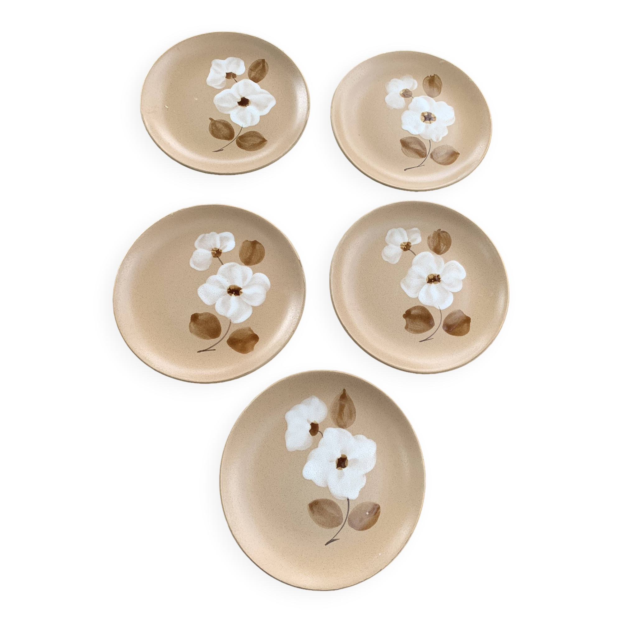 5 small stoneware dessert plates, handmade, moulin des loups, flower pattern, made in france