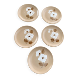 5 small stoneware dessert plates, handmade, moulin des loups, flower pattern, made in france