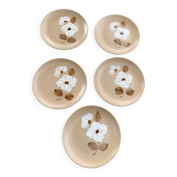 5 small stoneware dessert plates, handmade, moulin des loups, flower pattern, made in france