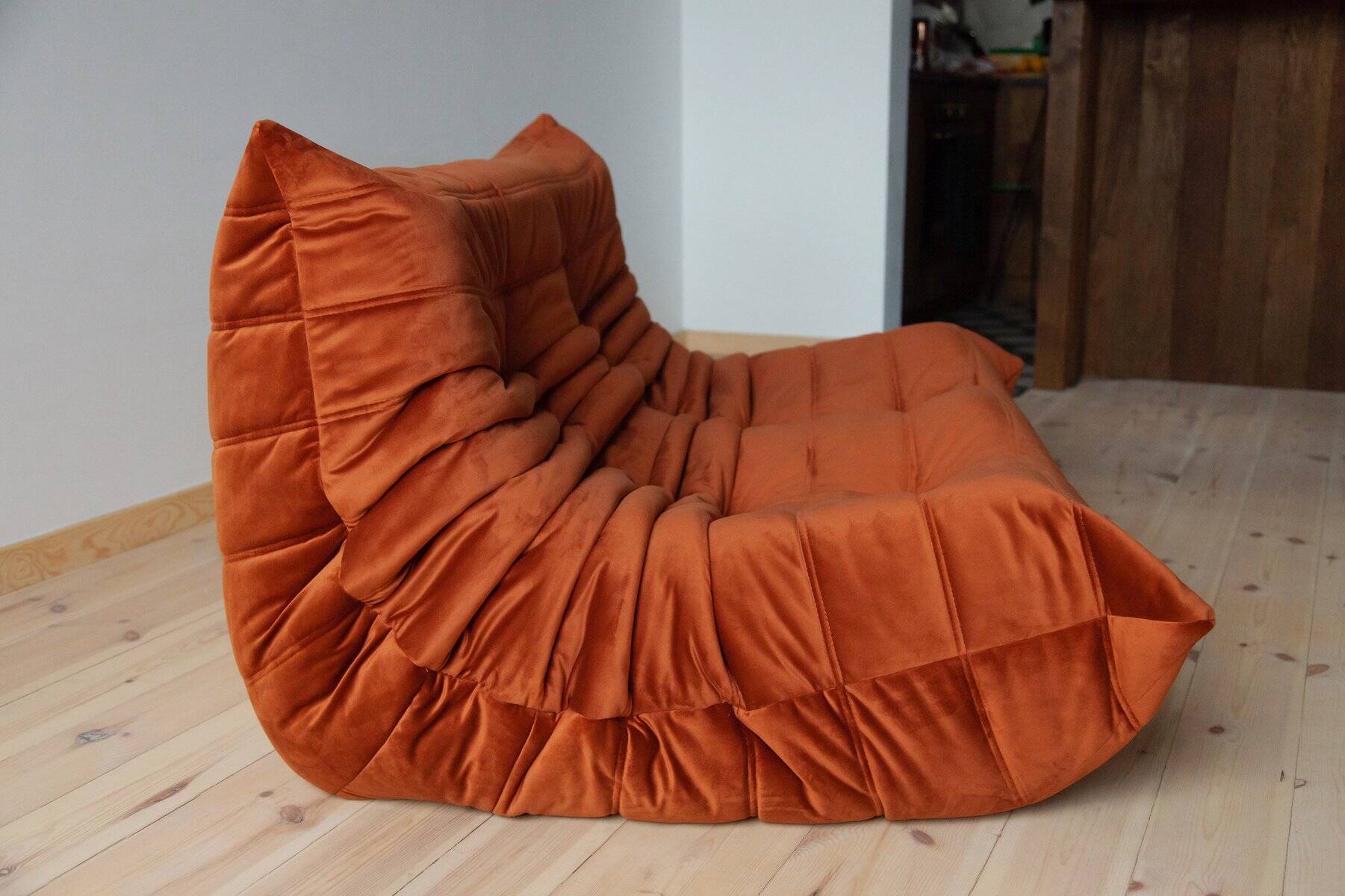 Togo two-seater sofa in amber orange velvet by Michel Ducaroy for Ligne Roset, 1973