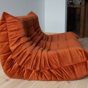Togo two-seater sofa in amber orange velvet by Michel Ducaroy for Ligne Roset, 1973