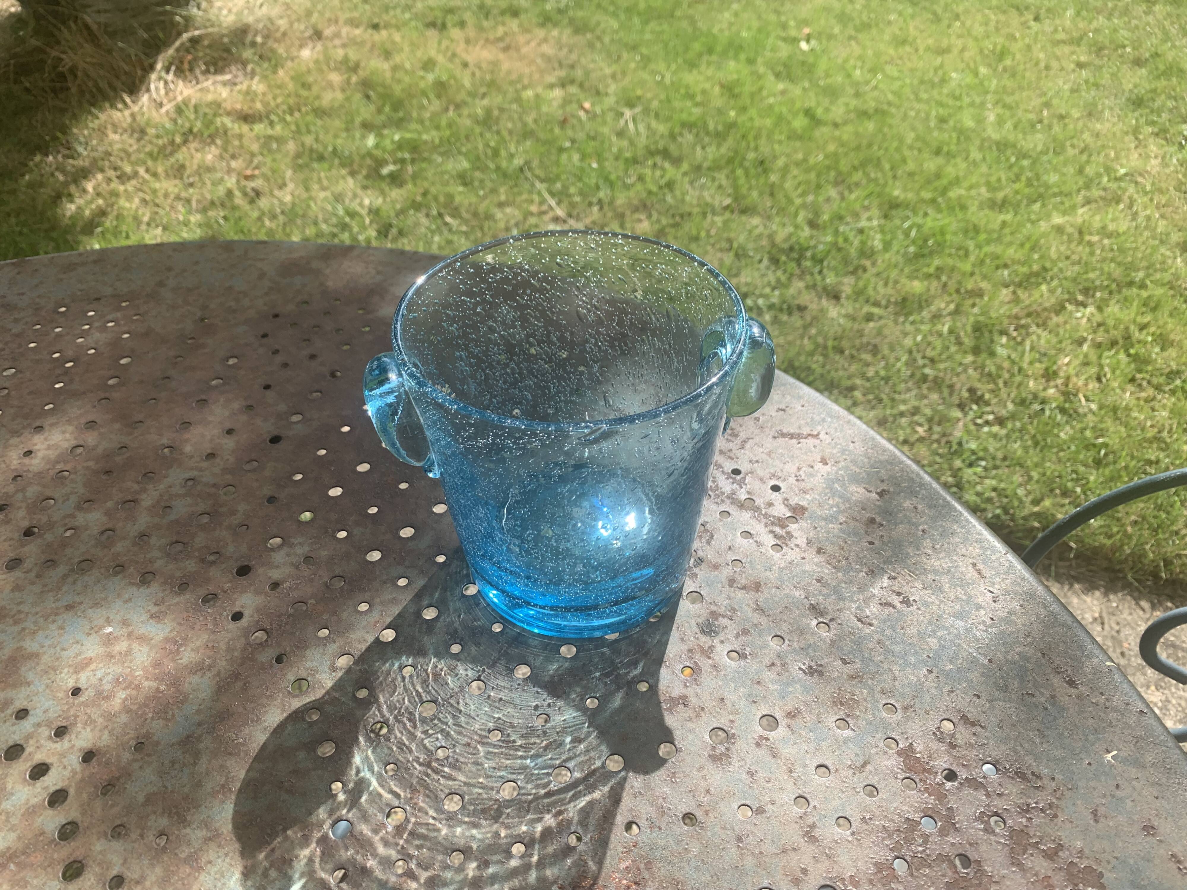 Vintage Biot Blue Blown Glass Ice Bucket