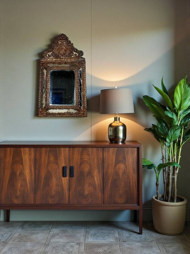 Antique brass repoussé mirror with wooden backing, 59x31 cm, C831.
