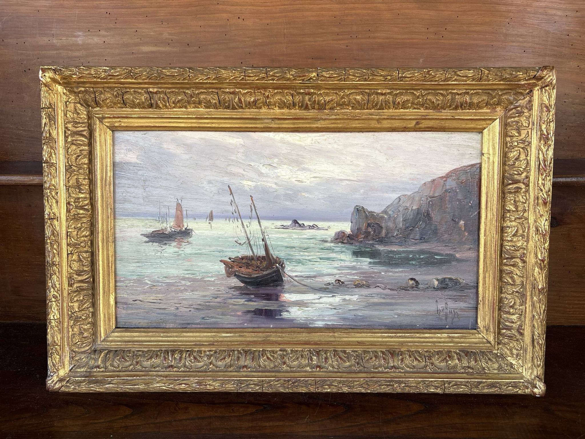 Old marine painting – Oil on panel signed Léo Spanoghe