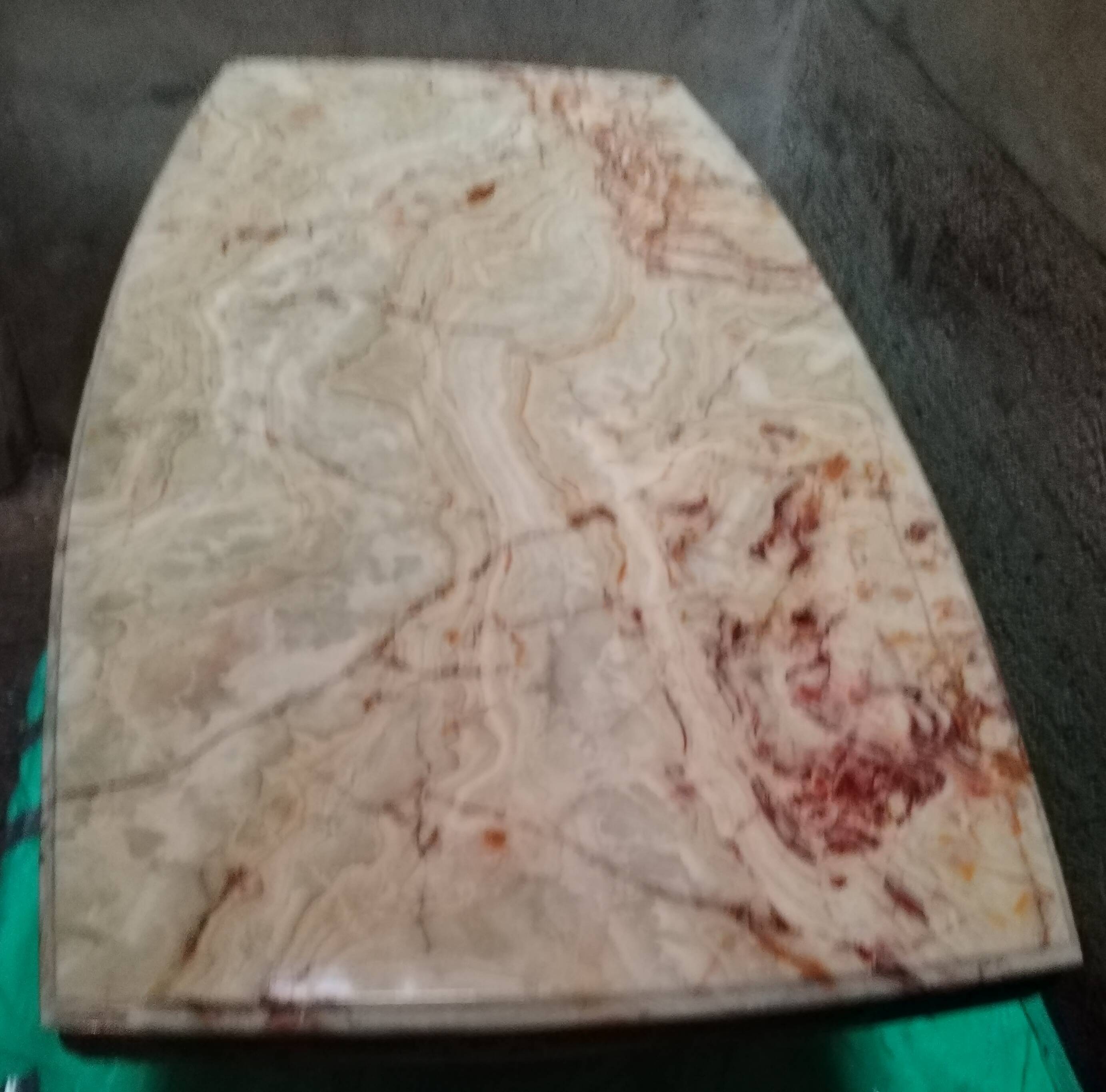 Large cream marble coffee table with solid cherry wood base
