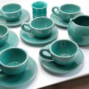 Set of 6 cups in turquoise blue enamelled earth with their saucers and milk jar