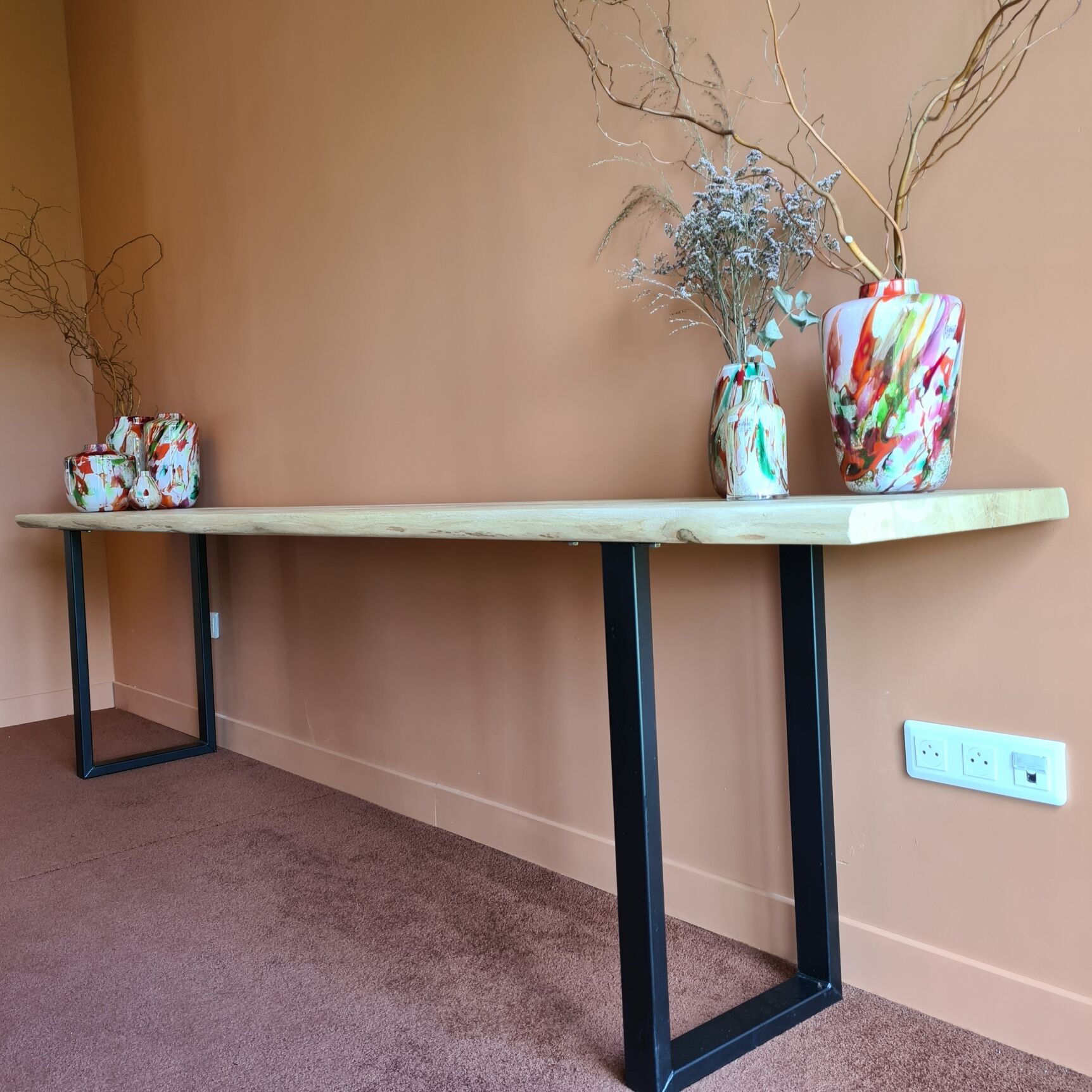 Console 3m x 50 cm solid oak and metal feet in U