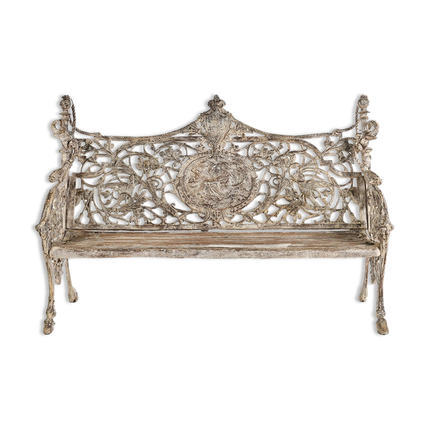 Sculpted cast iron bench and white patina wood