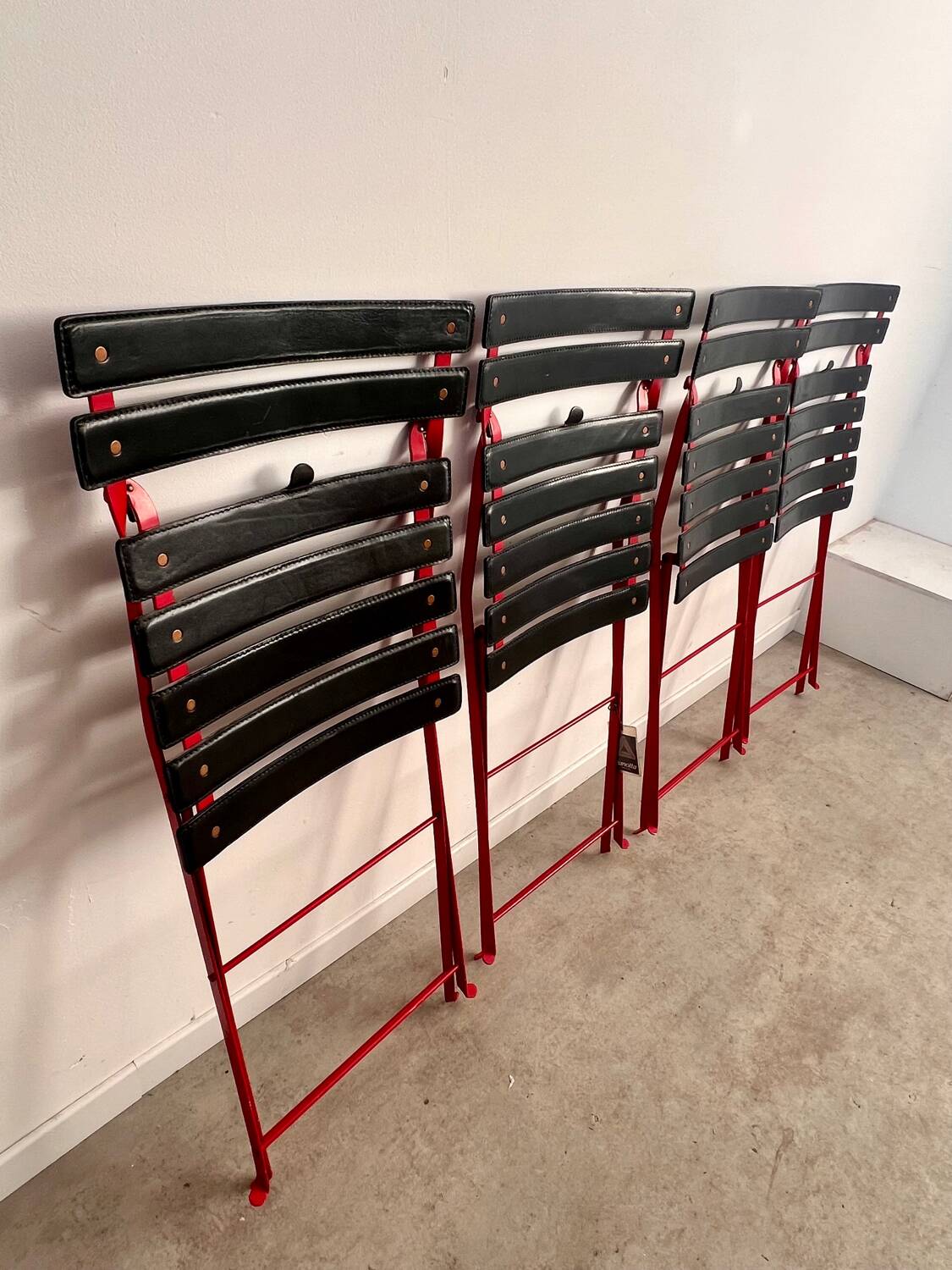 Set of 4 folding leather and metal chairs Italian design Zanuso for Zanotta Celestina vintage