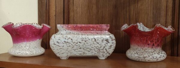 Ancien ensemble jardinière et 2 vases verre Clichy