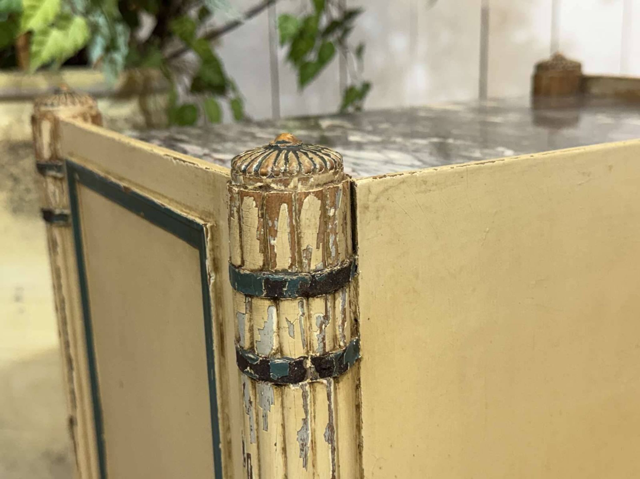Beech bedside table painted with a marble top in Louis XVI style from the late 19th century.