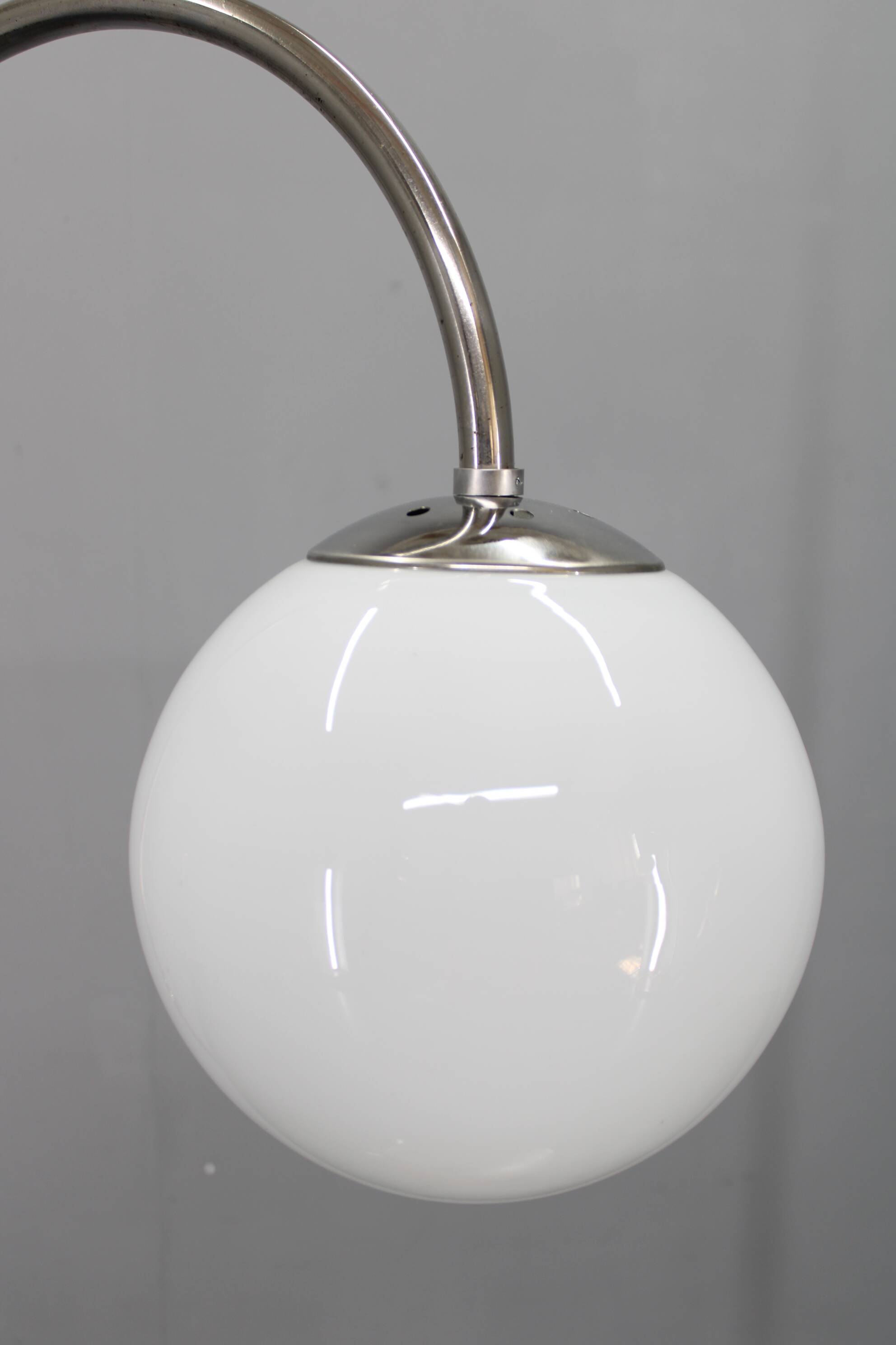 1930s Czechoslovak Art Deco chrome floor lamp with milk glass globe and table