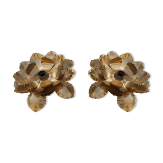 Pair of gold metal wall light leaf decorations