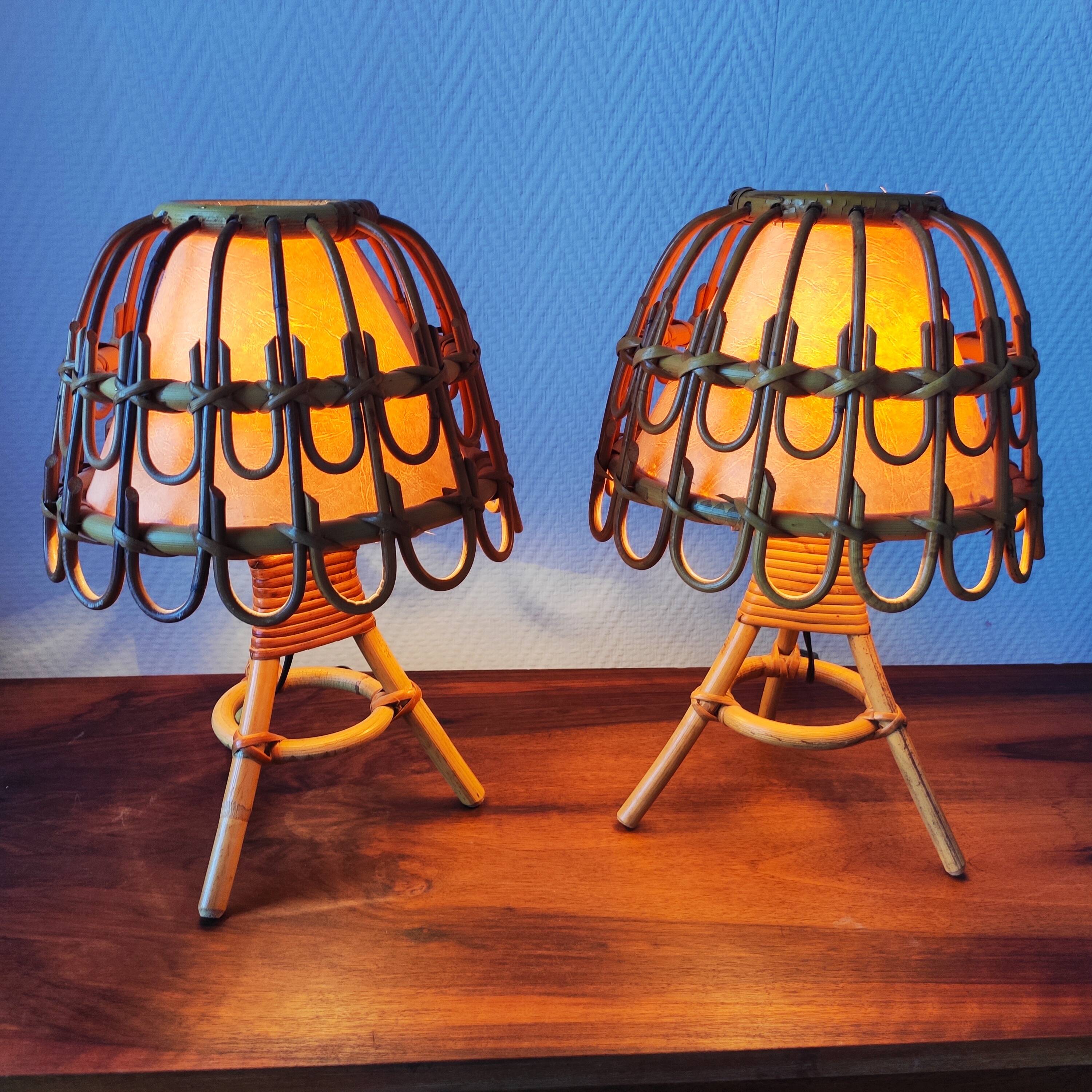 Pair of vintage 70s rattan lamps