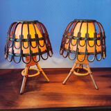 Pair of vintage 70s rattan lamps