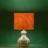 Royal Delft blue-green ceramic table lamp with pink jacquard peacock shade.