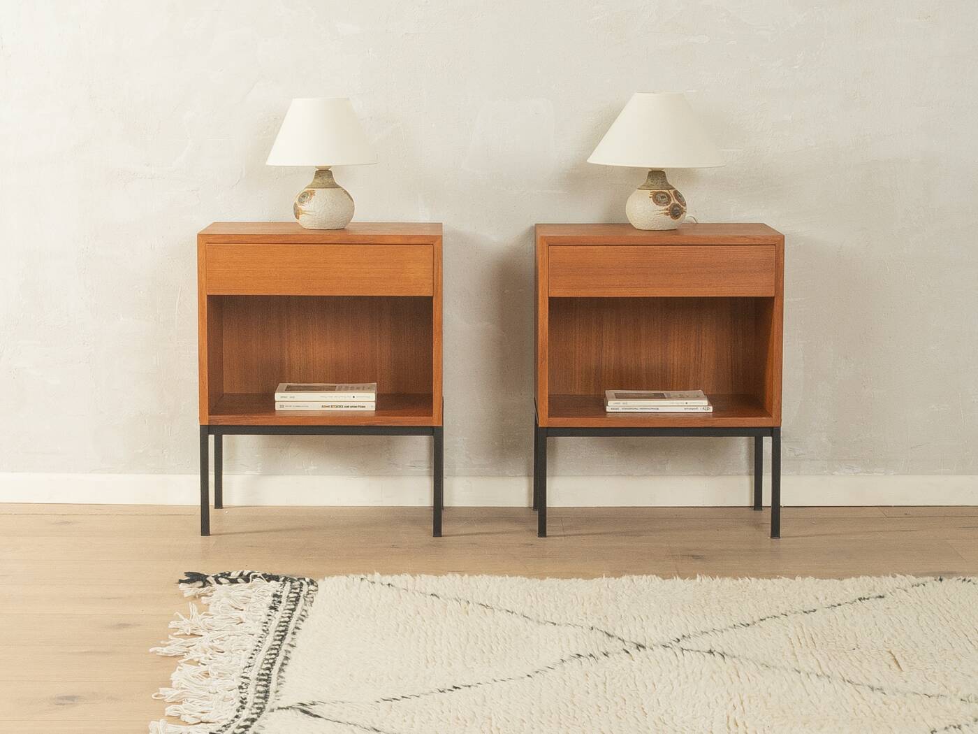 Minimalist bedside tables from the 1960s, teak veneer, set of 2