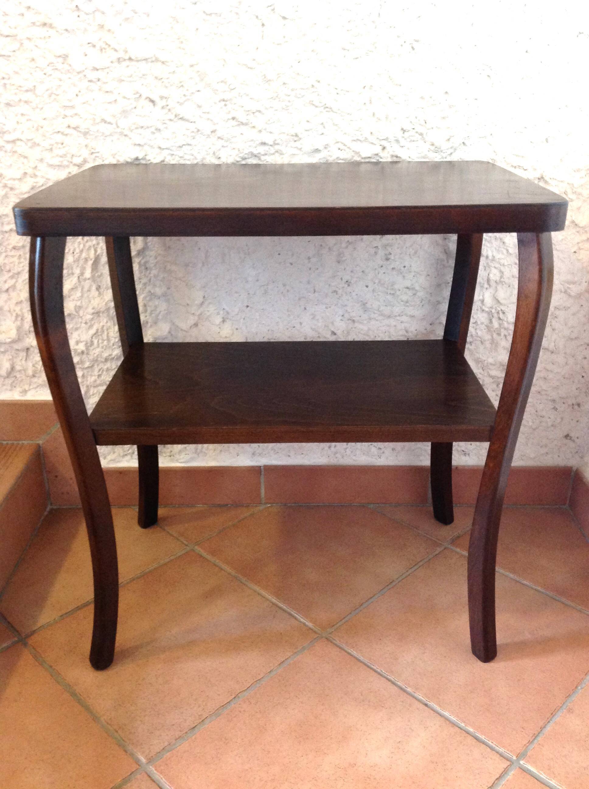 Varnished wooden stand with two shelves and curved legs / 50s-60s