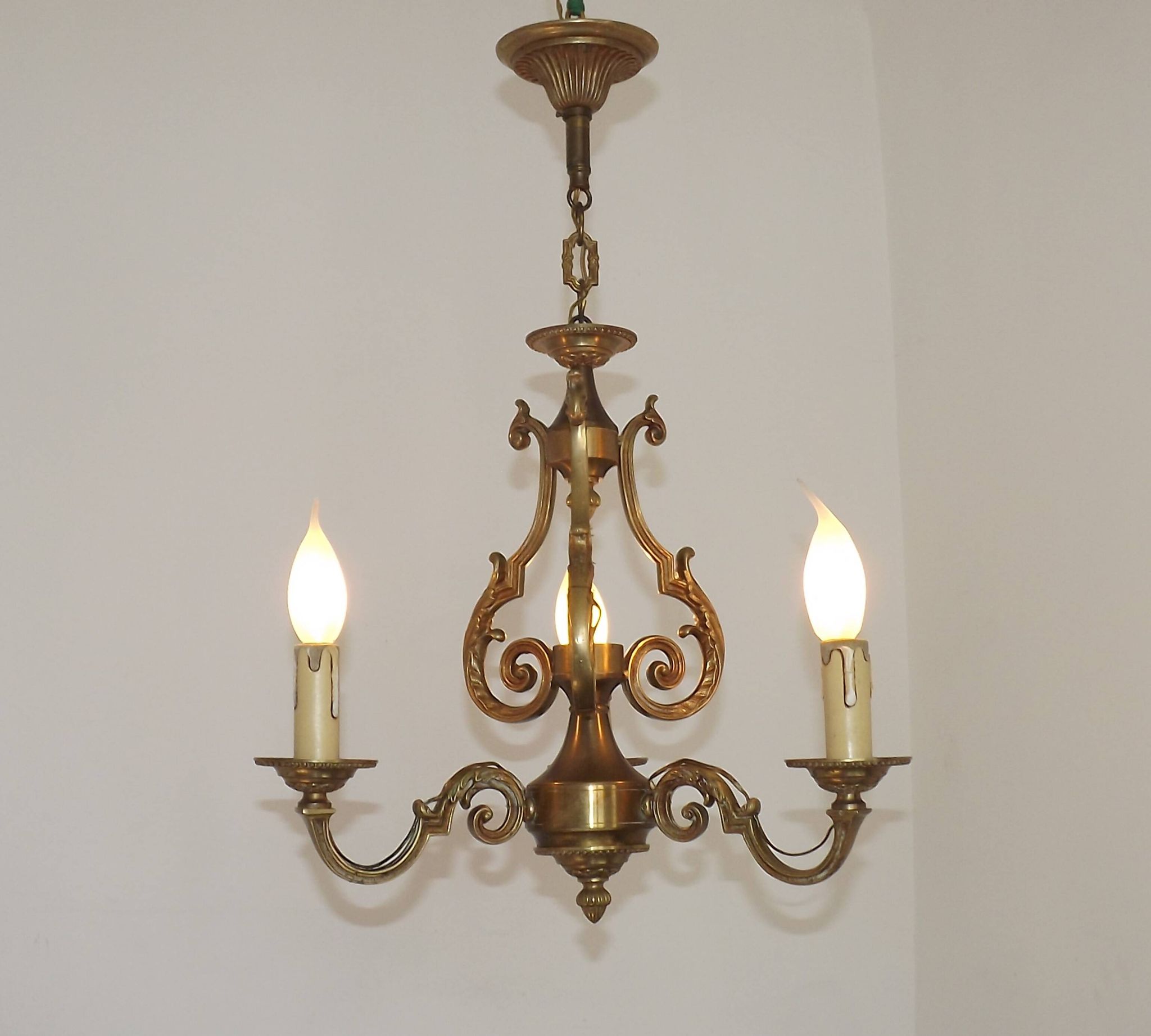 French Vintage Bronze Art Nouveau Style 3-Light 3-Sided Cage Chandelier