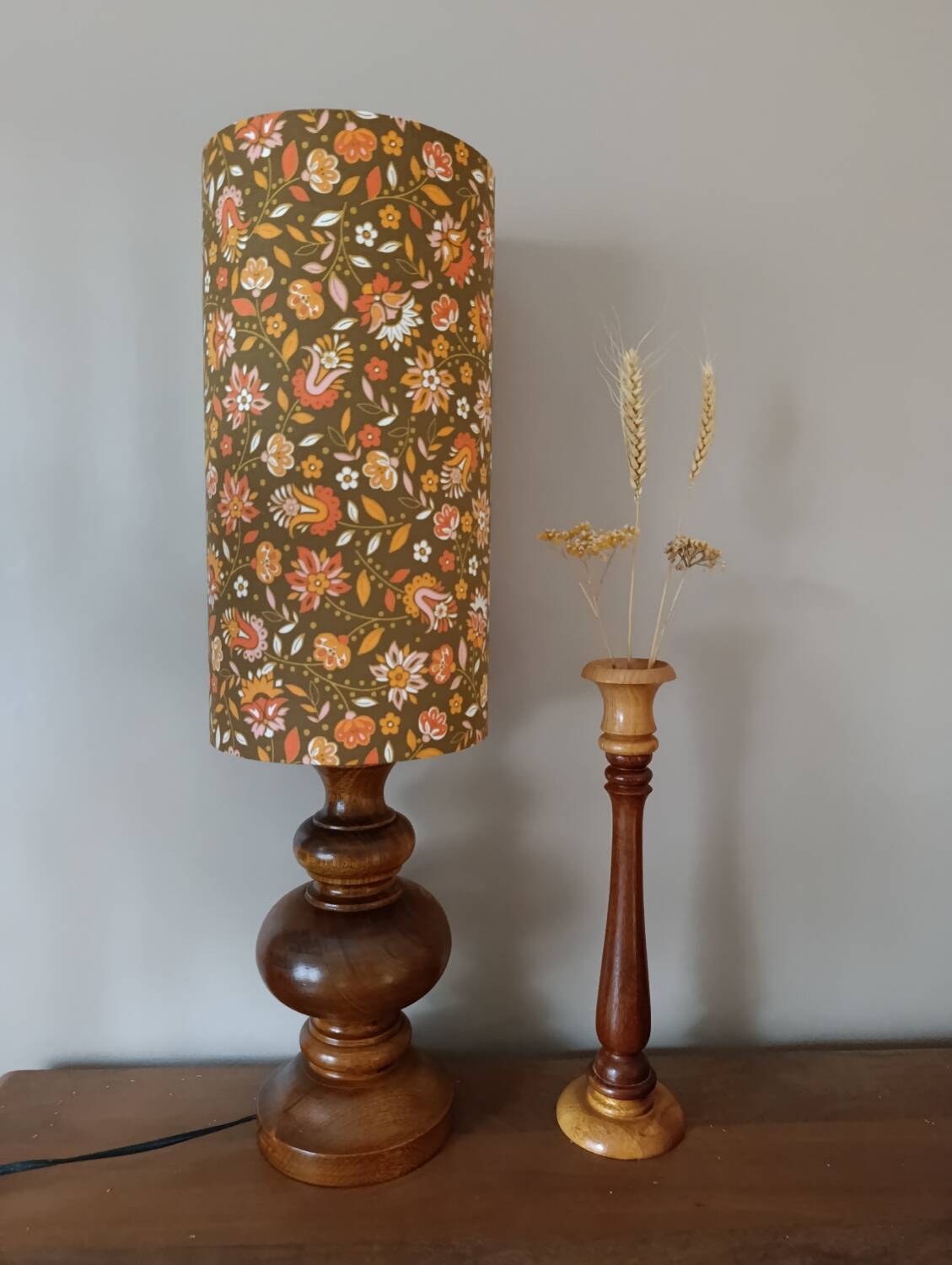 rustic wood lamp, vintage seventies lampshade with floral print