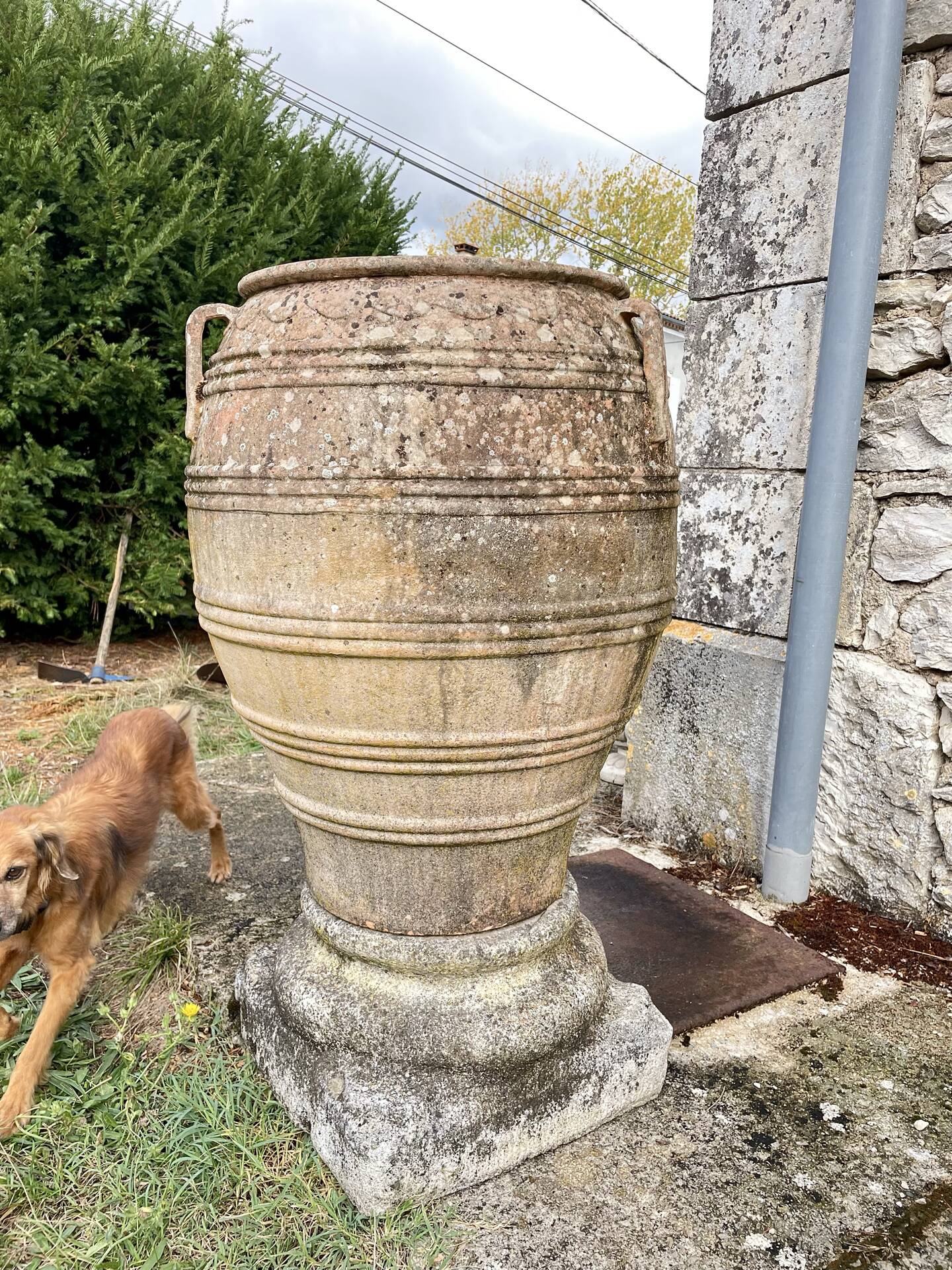 Large Cretan jar in terracotta with three handles on a stone base.