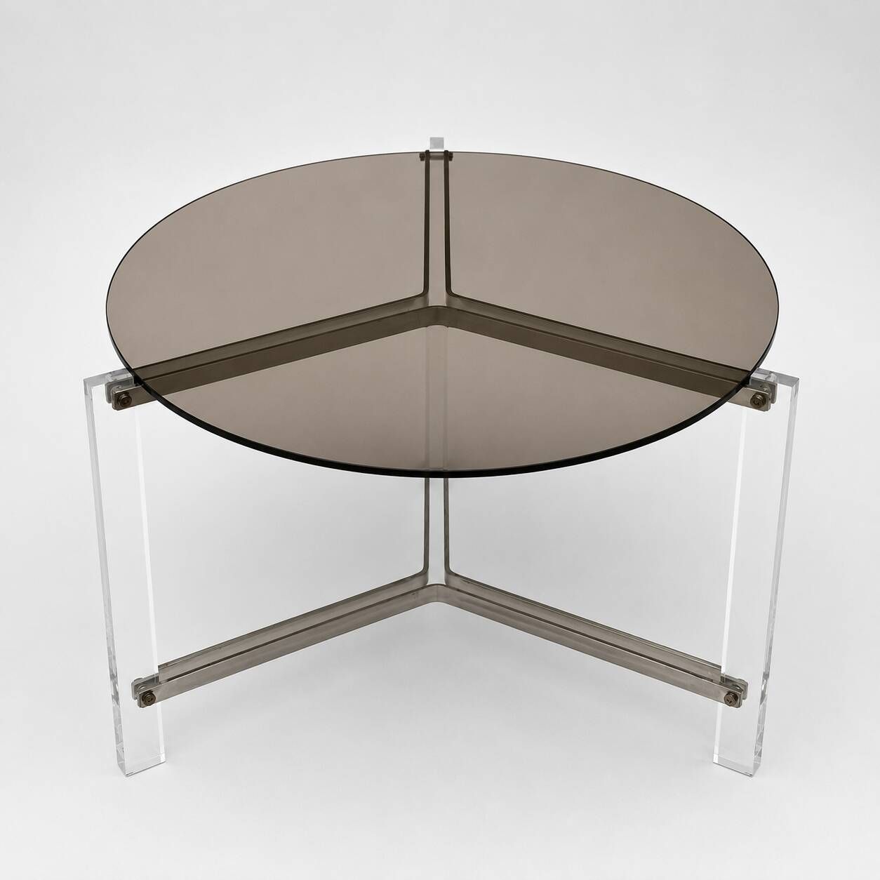 Vintage round coffee table in smoked glass and plexiglass – 1970s