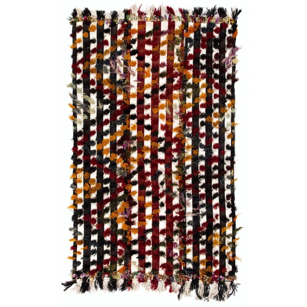 Vintage Handwoven Central Anatolian Kilim Rug with Colorful Pom Poms