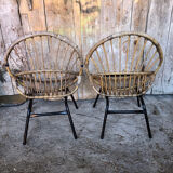 Pair of children's armchair rattan shell & metal foot black vintage