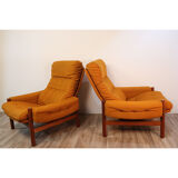 Pair of Scandinavian armchairs in teak and fabric 1960