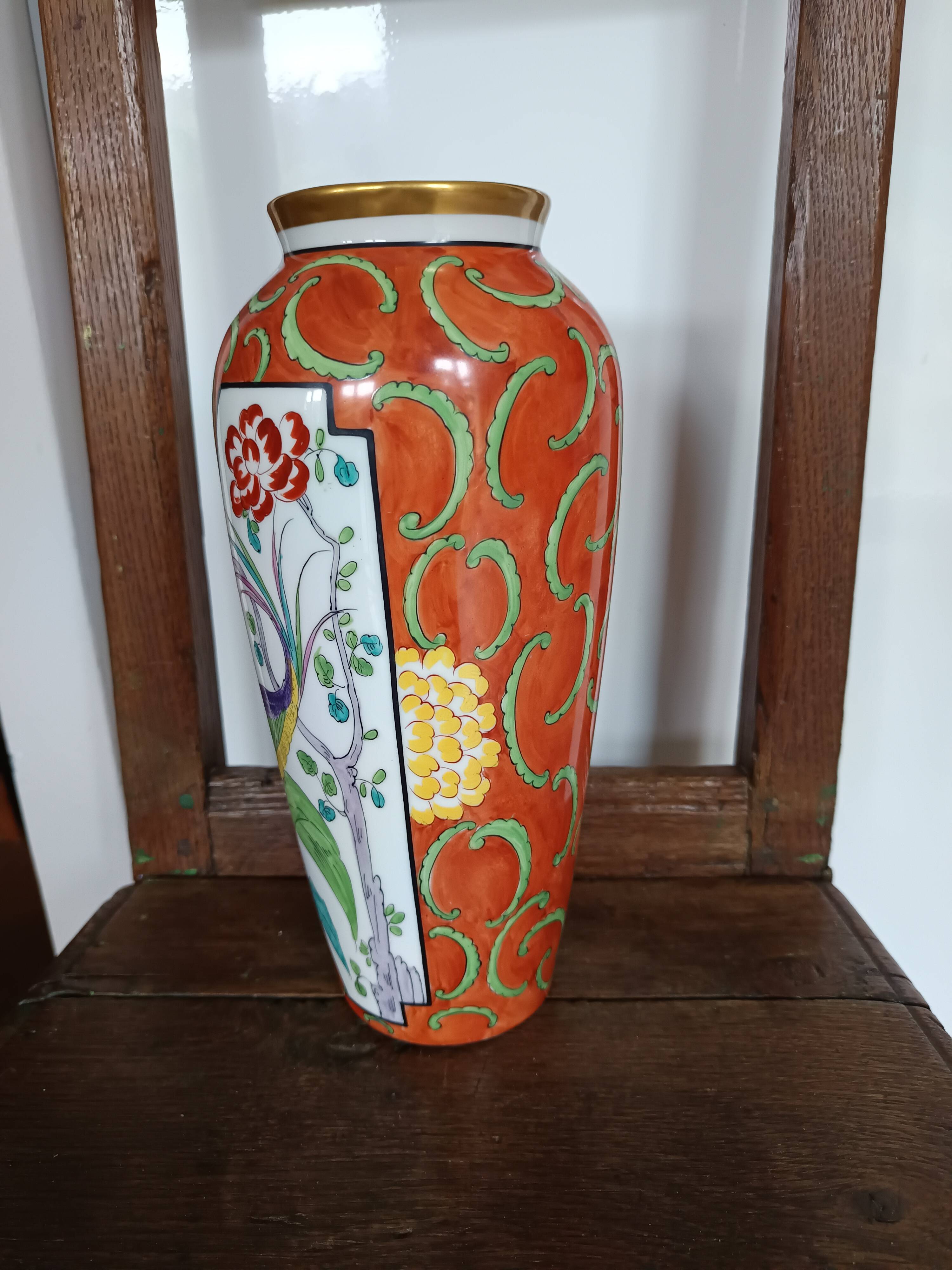 Jean Boyer porcelain vase with floral and vegetal decoration and bird of paradise