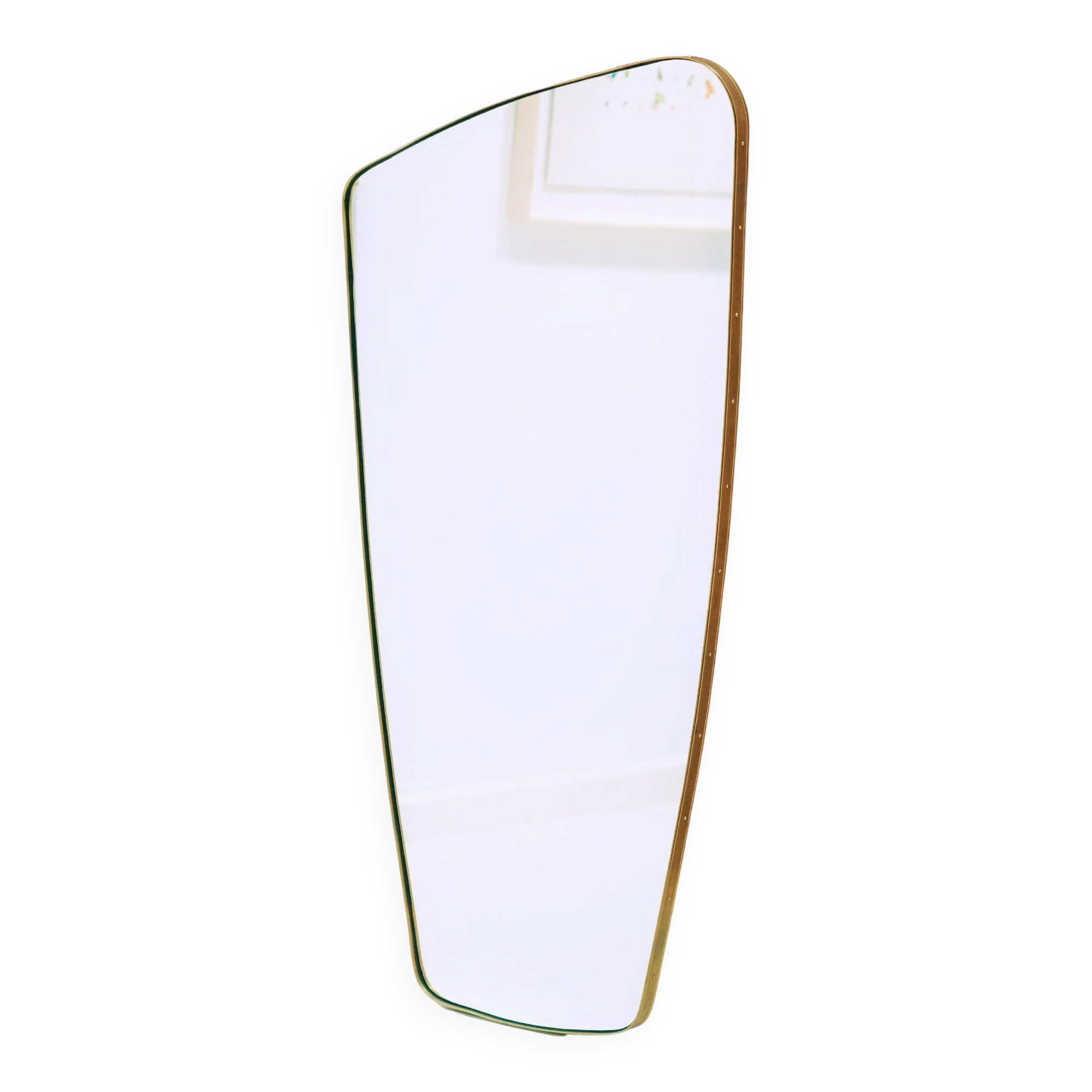 Contemporary rectangular mirror with rounded edges and embossed brass frame.