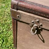 Antique travel trunk, wooden and leather transport case, 1900
