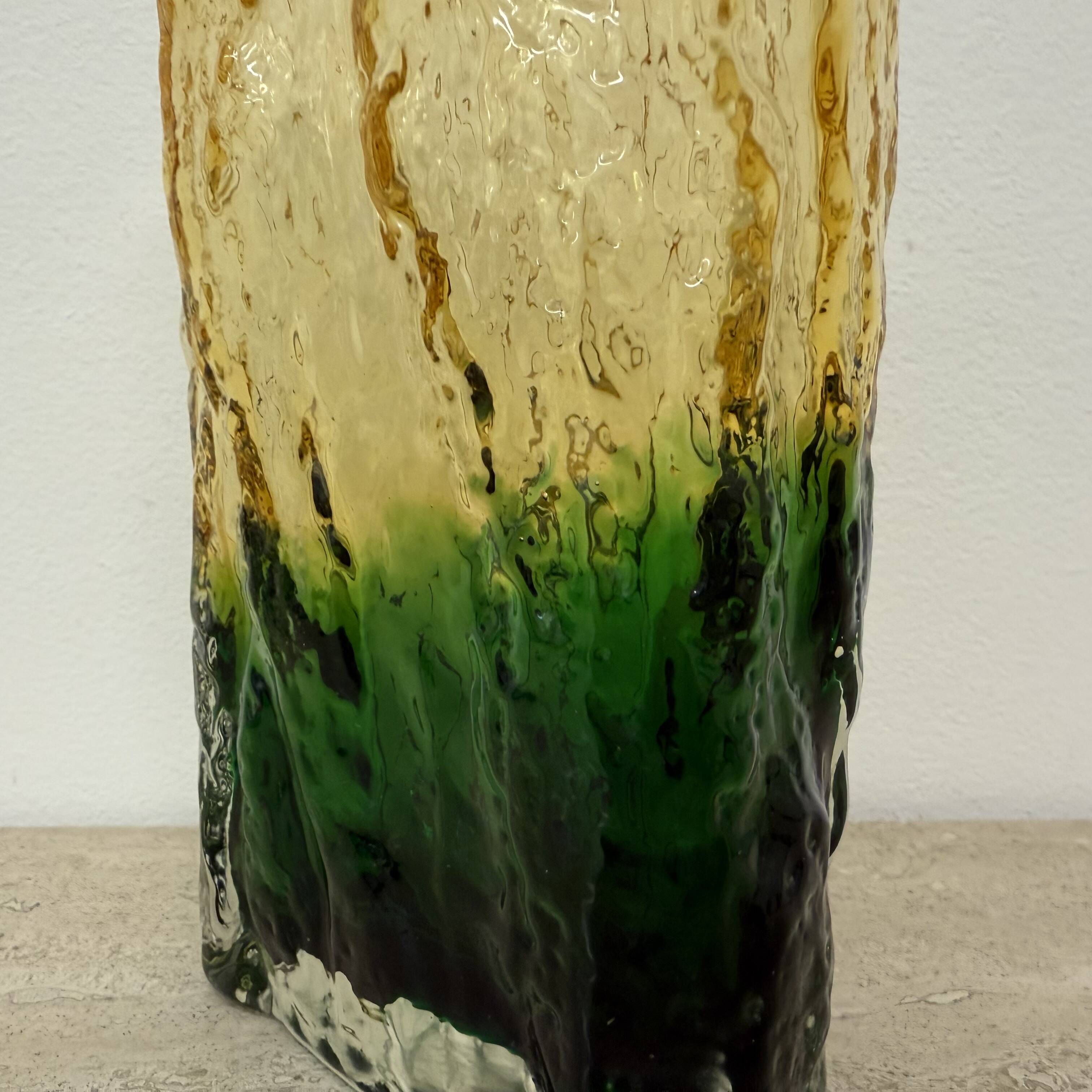 Vintage bark glass vase yellow and green , 1970’s