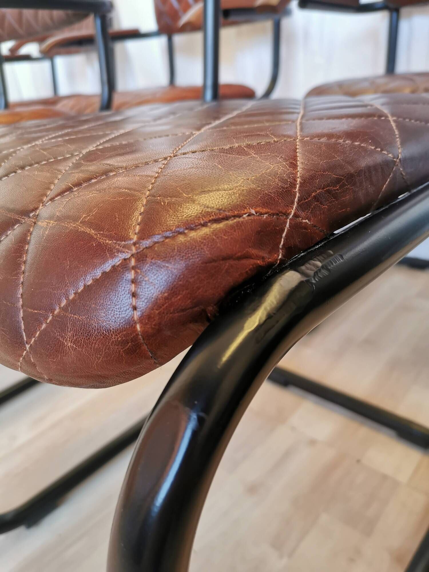 Set of 6 Vintage Cognac Leather Dining Chairs: Quilted Industrial Armchair