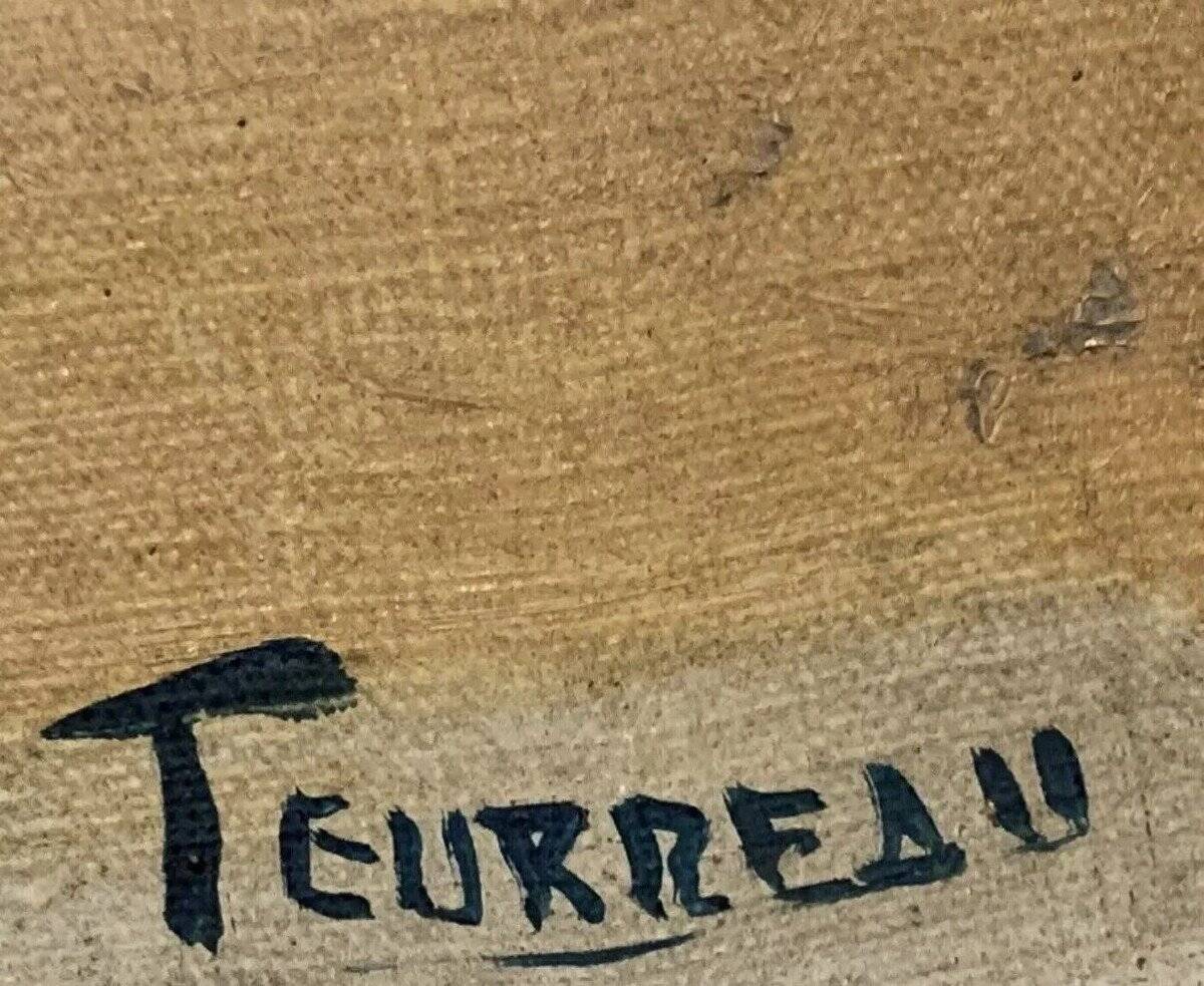 Teurreau: Oil On Canvas Beachside Lively With Characters And Sailboats