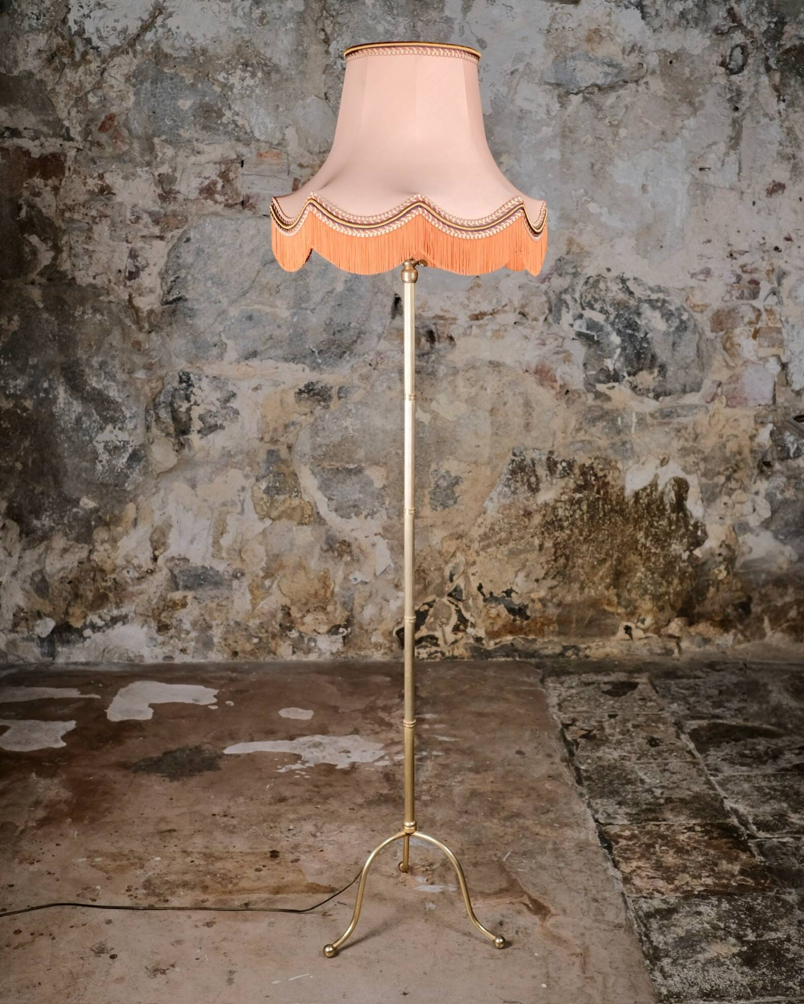 French brass floor lamp with fringes, mid-20th century