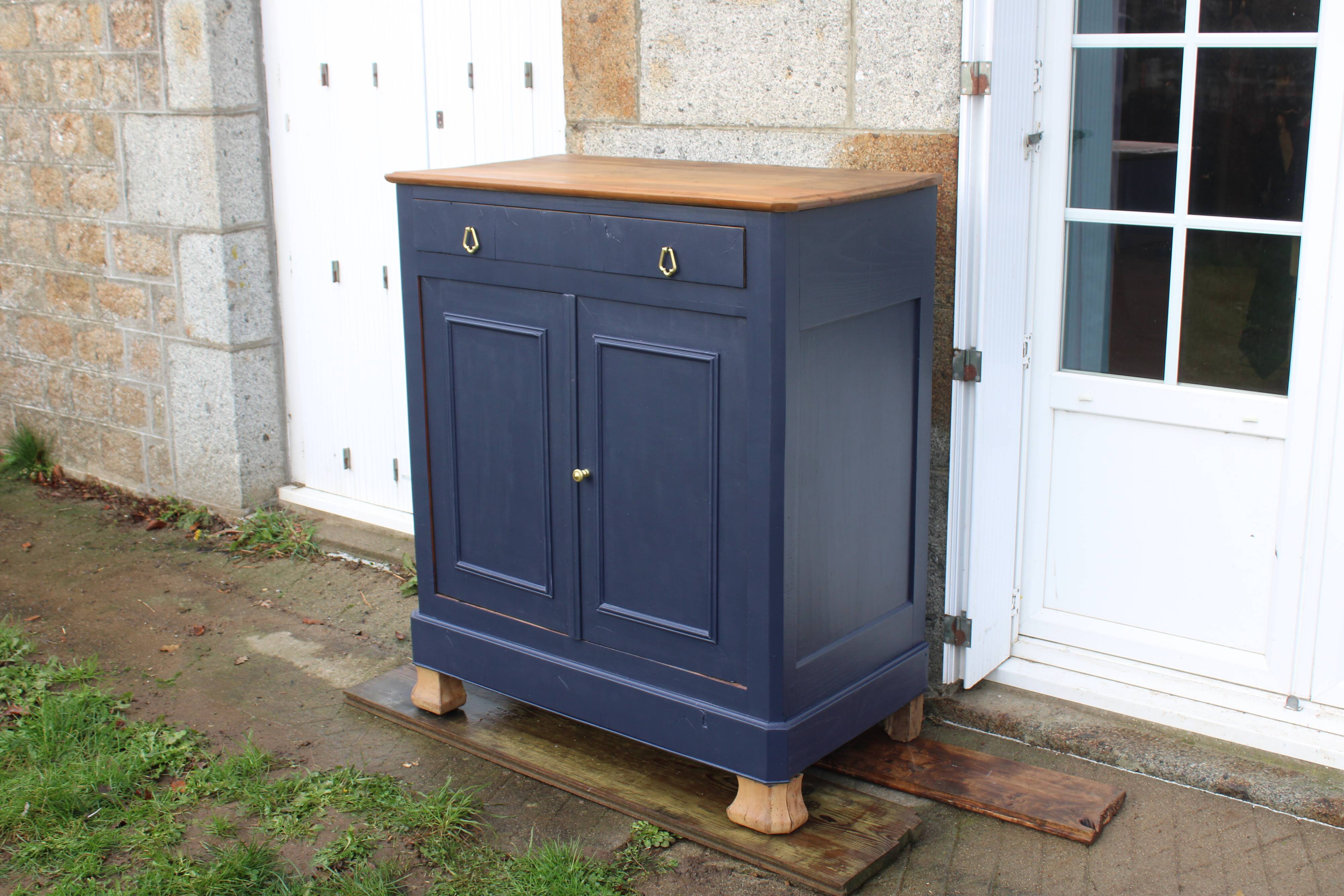 Antique solid wood sideboard – Deep blue & wooden top