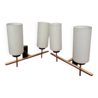 Pair of wall lights in gilded metal and opaline glass
