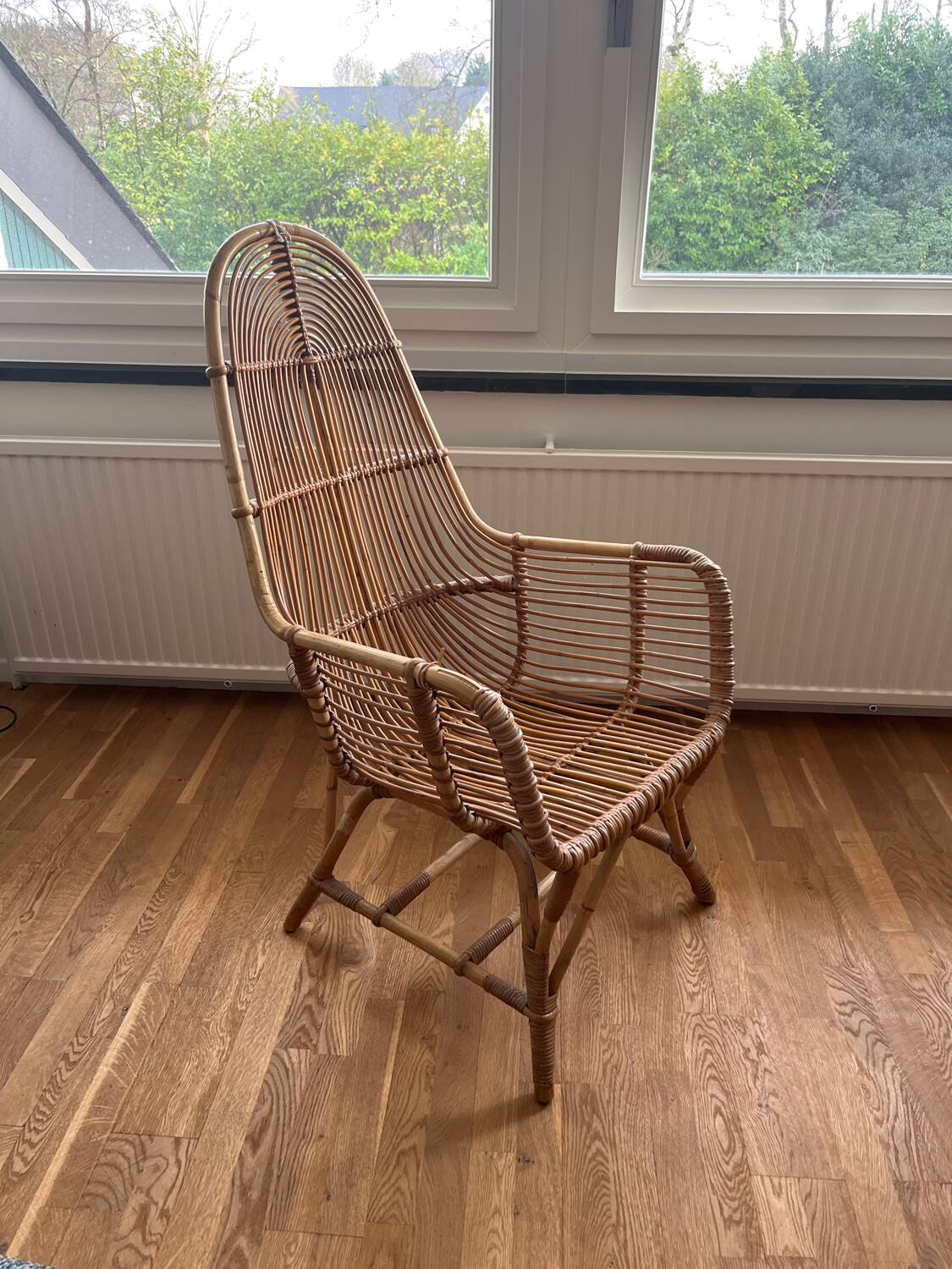 Fauteuil rotin vintage haut dossier années 70