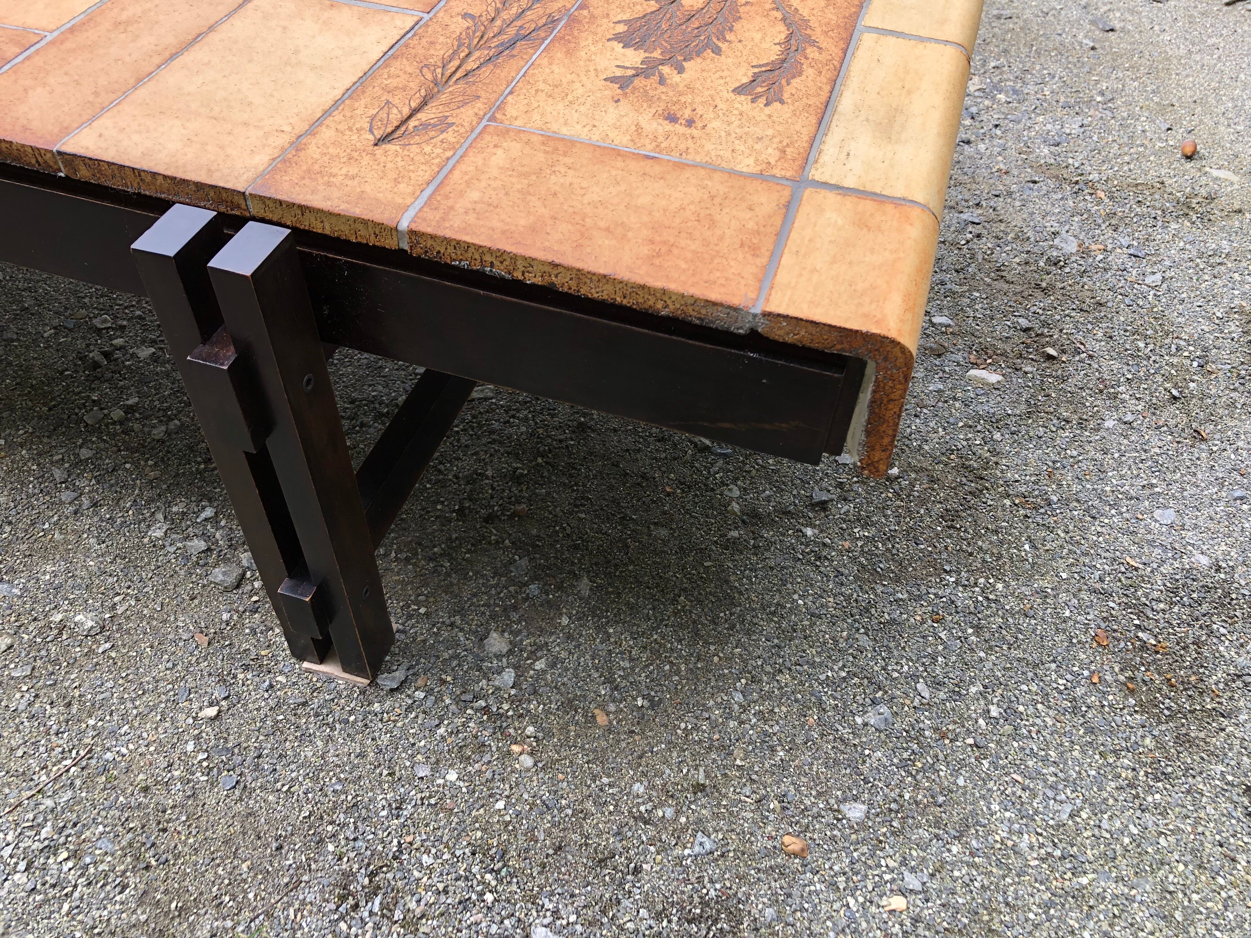 Vintage ceramic coffee table decorated with herbarium decoration Roger Capron