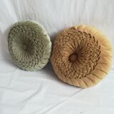 Pair of round pleated velvet cushions