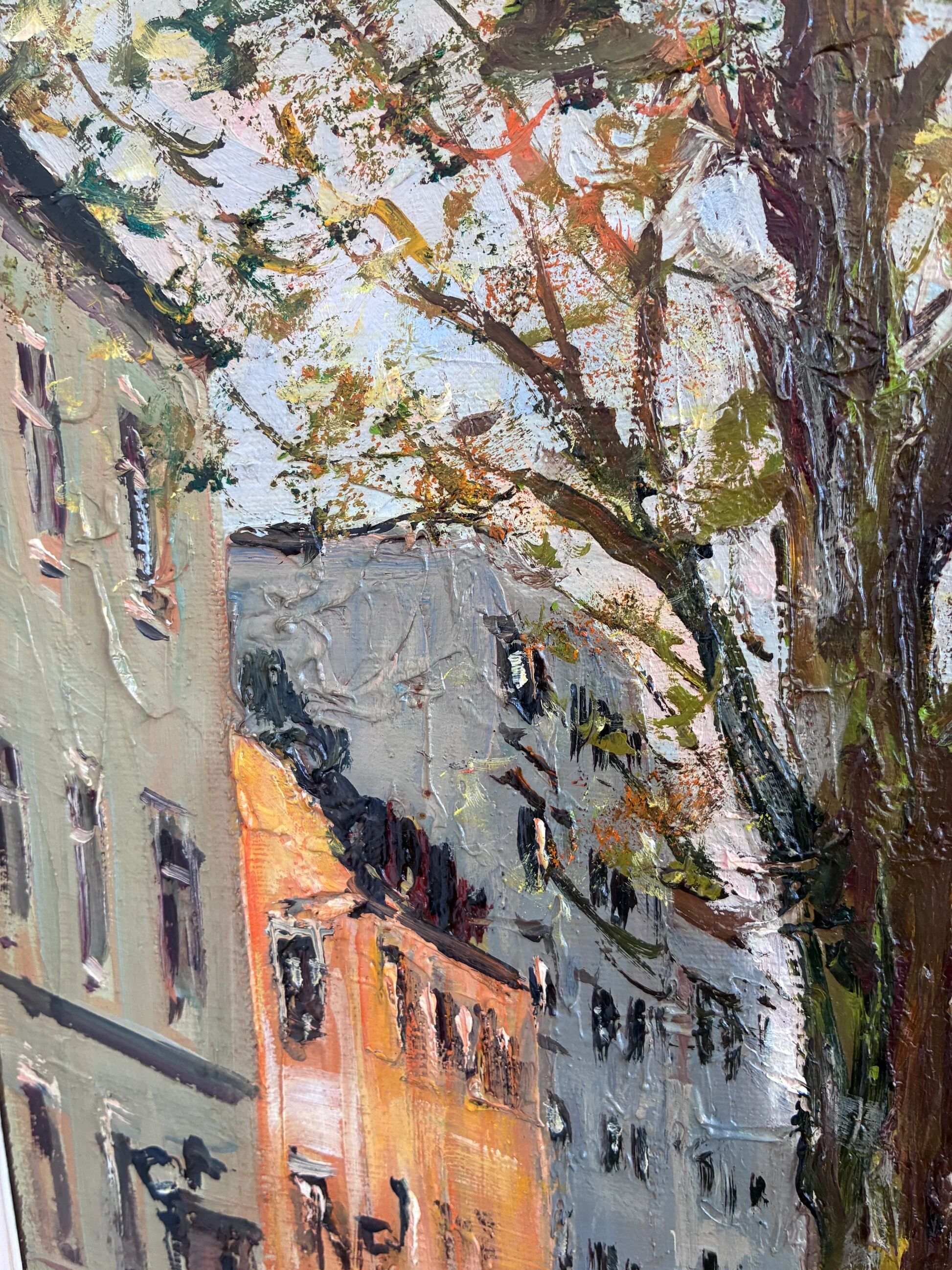 Vintage original oil painting of a canal cityscape, circa 1970s
