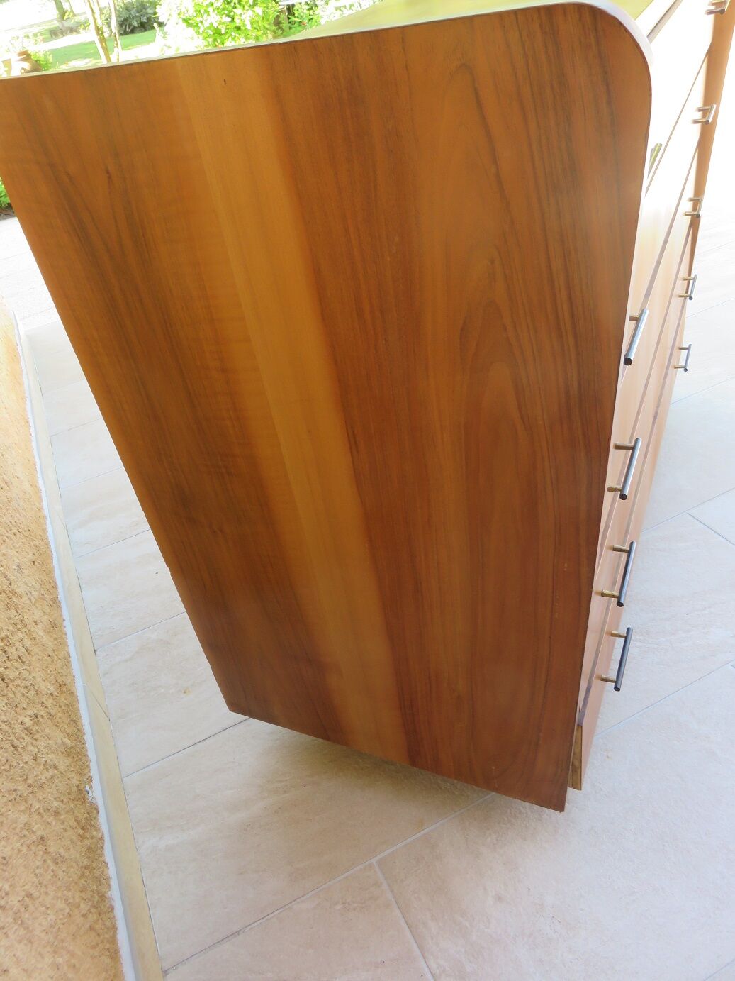 Teak chest of drawers and metal compass feet
