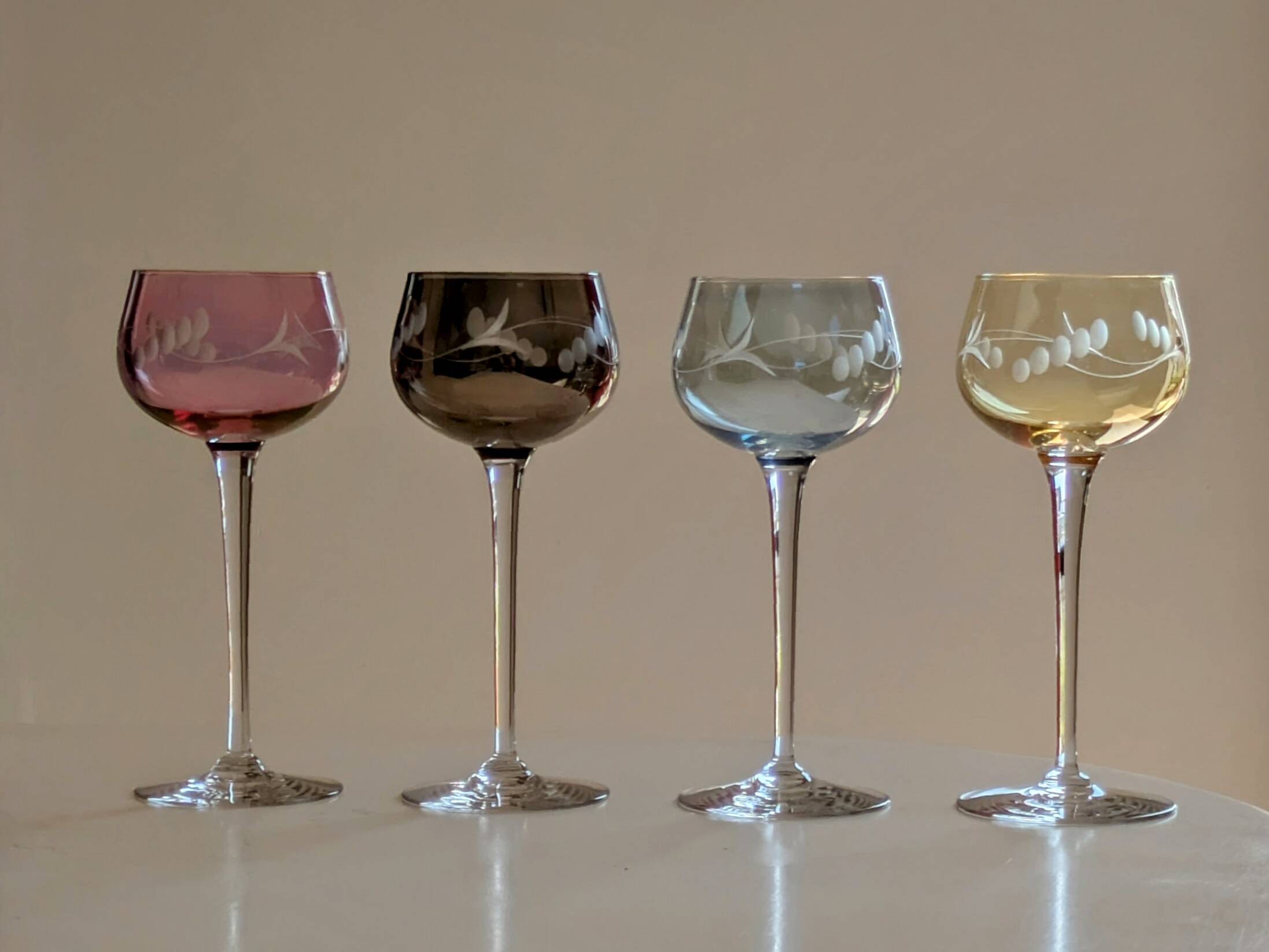 Set of 4 Hand Engraved "Harlequin" Colored Crystal Wine Glasses 1960