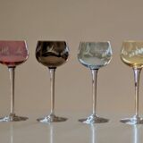 Set of 4 Hand Engraved "Harlequin" Colored Crystal Wine Glasses 1960