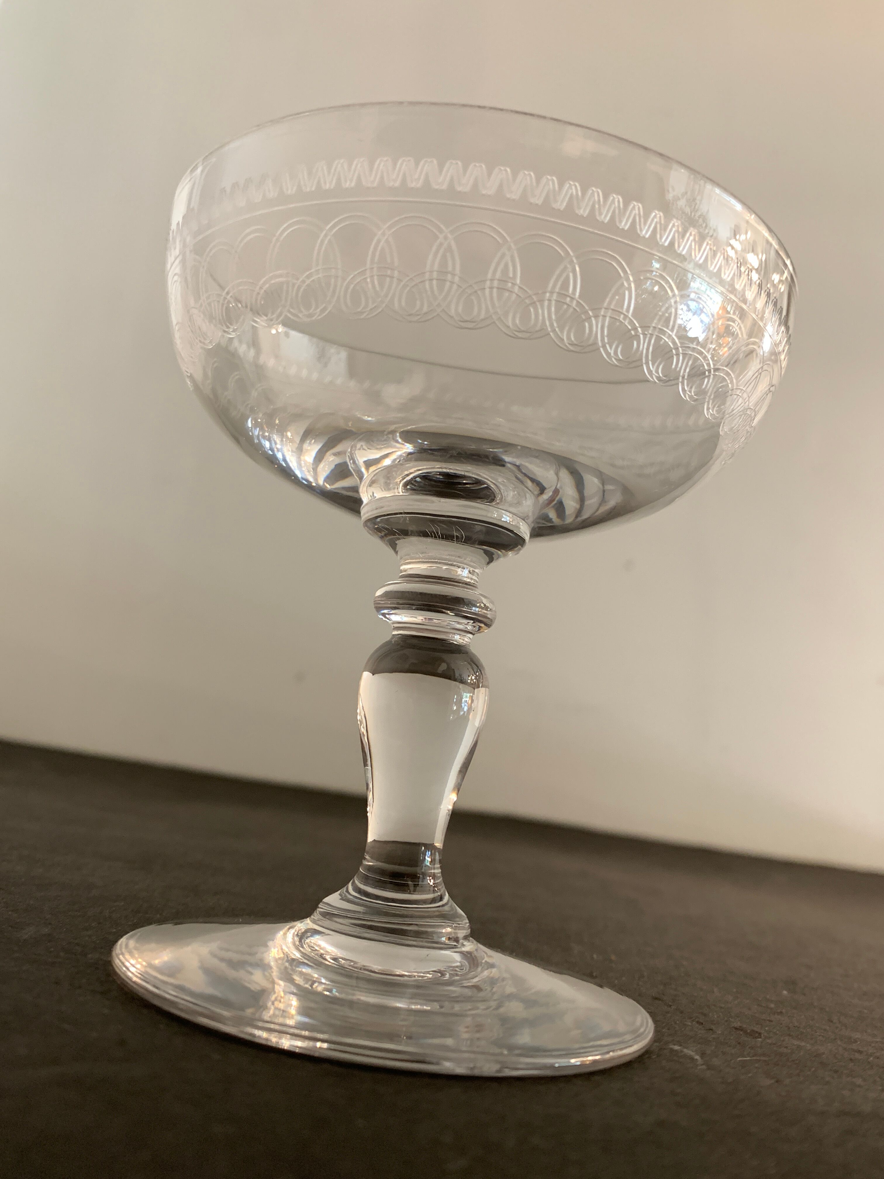 5 antique champagne glasses in engraved crystal