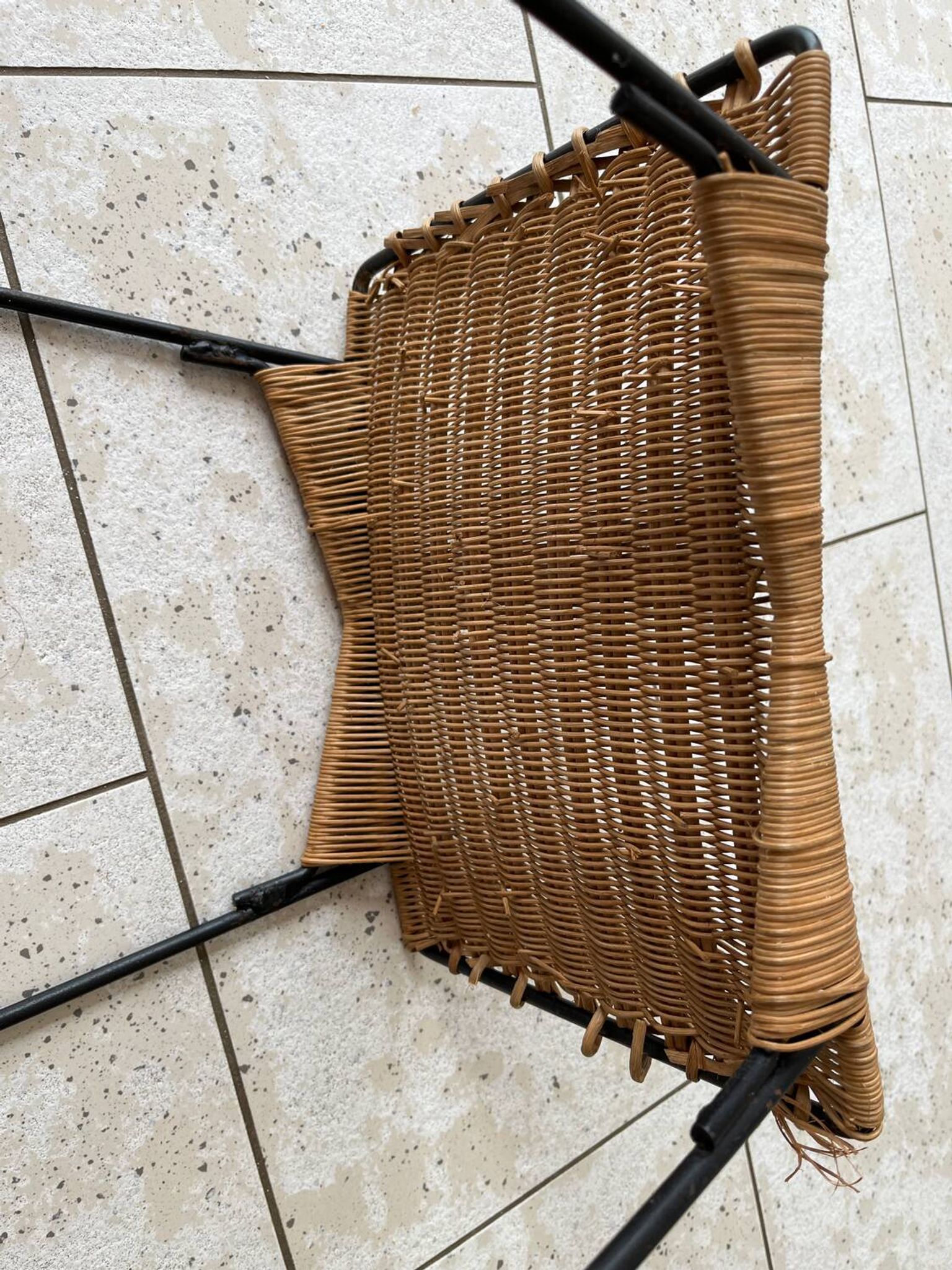 Vintage rattan and steel stool by Raoul Guys for Airborne, 1950s